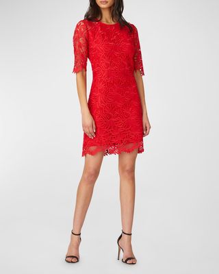 Taryn Elbow-Sleeve A-Line Lace Mini Dress