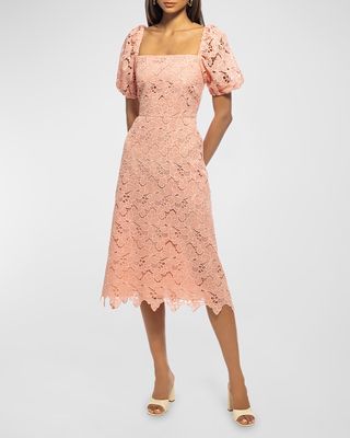 Tasha Puff-Sleeve Floral Lace Midi Dress