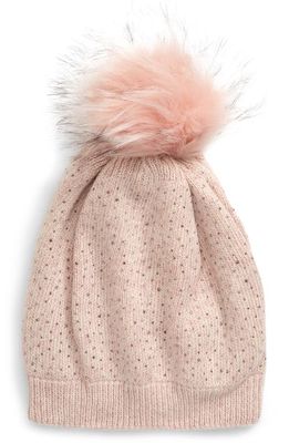 Tasha Stud Beanie with Faux Fur Pom in Pink