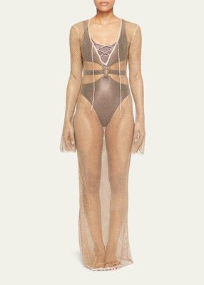 Tate Crystal Mesh Lace-Up Coverup