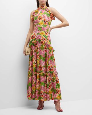 Tatiana Floral Silk Sleeveless Halter Maxi Dress
