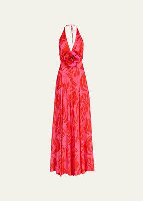 Tawny Abstract-Print Rosette Halter Maxi Dress
