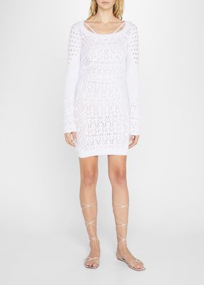 Taylor Open-Knit Long-Sleeve Mini Dress