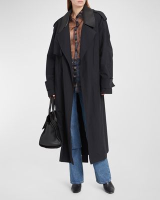 Tech Faille Trench Coat with Leather Collar