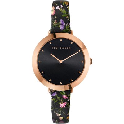 Ted Baker London Ammy Floral Leather Strap Watch, 34mm in Rose Gold/Black/Floral 