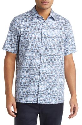 Ted Baker London Astun Regular Fit Geometric Print Stretch Short Sleeve Button-Up Shirt in Blue