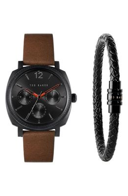 Ted Baker London Caine Leather Strap Watch & Bracelet Set, 42mm in Black/Black/Brown 