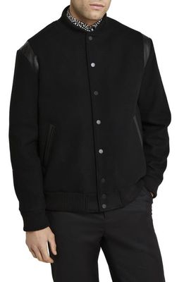Ted Baker London Dacre Varsity Leather Trim Wool Blend Bomber Jacket in Black