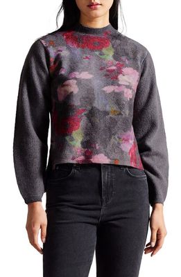 Ted Baker London Daysiyy Floral Wool Mock Neck Sweater in Charcoal