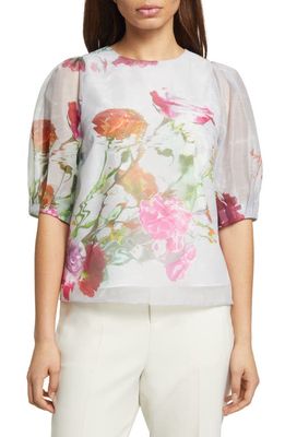 Ted Baker London Floral Print Puff Sleeve Blouse in White