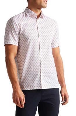 Ted Baker London Forter Foulard Print Short Sleeve Cotton Button-Up Shirt in White