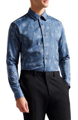 Ted Baker London Frith Floral Stretch Cotton Button-Up Shirt in Mid Blue