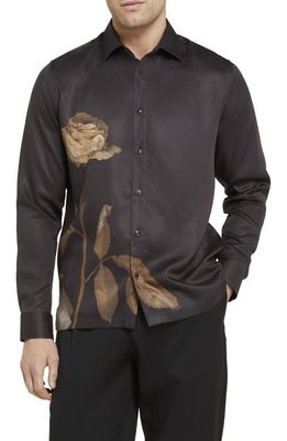 Ted Baker London Hemley Rose Print Lyocell Button-Up Shirt in Black