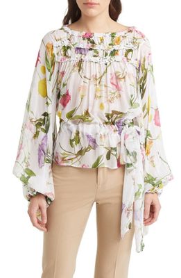 Ted Baker London Hewette Floral Print Drawstring Waist Blouse in White