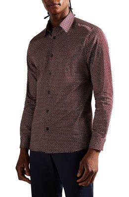 Ted Baker London Laceby Slim Fit Geometric Print Stretch Button-Up Shirt in Dark Red