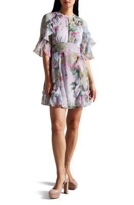 Ted Baker London Maddiey Floral Print Waterfall Ruffle Dress in Grey