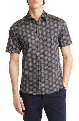 Ted Baker London Pearsho Slim Fit Print Short Sleeve Stretch Cotton Button-Up Shirt in Navy