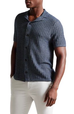 Ted Baker London Proof Rib Short Sleeve Button-Up Knit Shirt in Navy