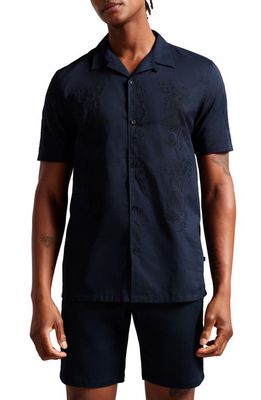 Ted Baker London Ranney Embroidered Cotton Short Sleeve Button-Up Shirt in Navy