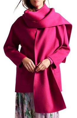 Ted Baker London Skylorr Wool Blend Coat with Scarf Detail in Bright Pink