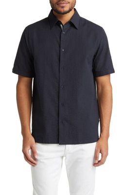 Ted Baker London Stansho Solid Cotton Seersucker Short Sleeve Button-Up Shirt in Navy