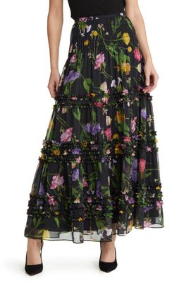 Ted Baker London Thieaa Floral Ruffle Tiered Chiffon Skirt in Black