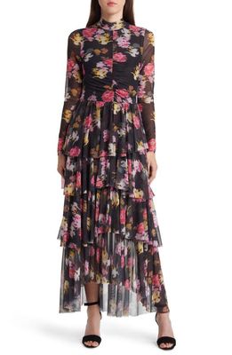 Ted Baker London Tiloula Floral Ruched Long Sleeve Tiered Midi Dress in Black