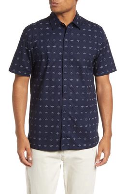 Ted Baker London Whit Print Cotton Short Sleeve Button-Up Shirt in Navy