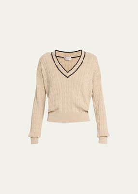 Tennis Cable V-Neck Sweater with Monili Trim