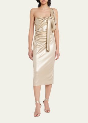 Teresa One-Shoulder Draped Shimmer Midi Dress