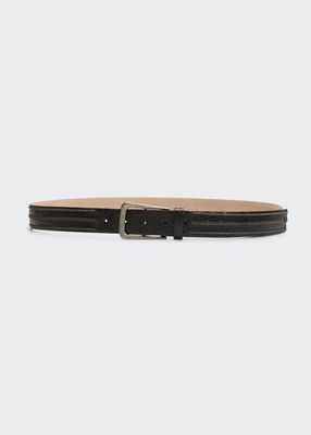 Textured Leather Belt with Monili Trim