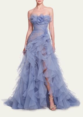 Textured Organza Ball Gown with Floral Draped Details
