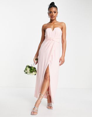 TFNC Bridesmaid bandeau wrap maxi dress with bow back in whisper pink