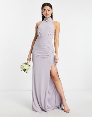 TFNC Bridesmaid chiffon high neck maxi dress with tie back in gray