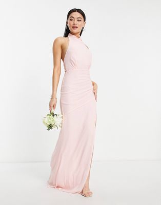 TFNC Bridesmaid chiffon high neck maxi dress with tie back in whisper pink