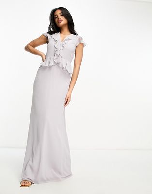 TFNC Bridesmaid chiffon maxi dress with frill detail in gray