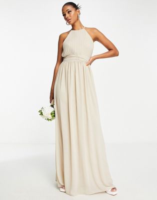 TFNC Bridesmaid chiffon maxi dress with pleated front in caffe latte-Brown