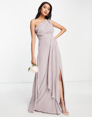 TFNC Bridesmaid chiffon one shoulder drape maxi dress in lavender gray