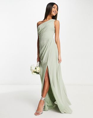 TFNC Bridesmaid chiffon one-shoulder drape maxi dress in sage-Green