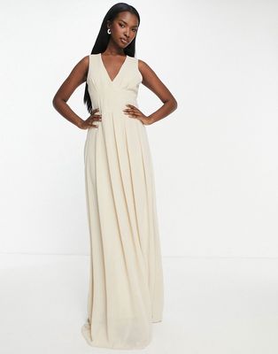 TFNC Bridesmaid chiffon v front maxi dress with pleated skirt in mink-Brown