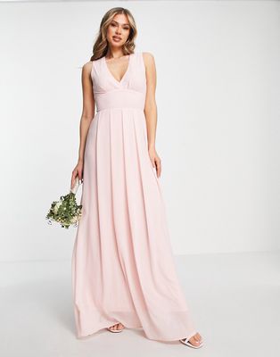 TFNC Bridesmaid chiffon V-front maxi dress with pleated skirt in whisper pink