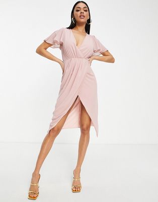 TFNC Bridesmaid chiffon wrap front midi dress with flutter sleeve in mauve-Pink