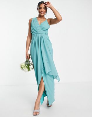 TFNC Bridesmaid chiffon wrap maxi dress with hi low hem in sea blue
