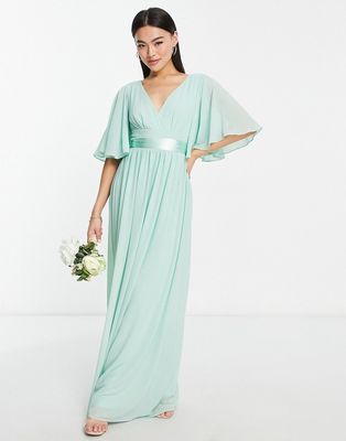 TFNC Bridesmaid kimono sleeve pleated maxi dress with angel sleeve in fresh sage-Green