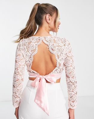 TFNC Bridesmaid lace top with scalloped back and tie back in whisper pink