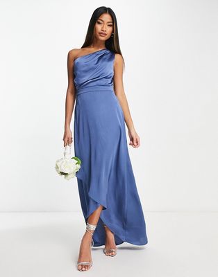 TFNC Bridesmaid one shoulder maxi dress in dusky blue
