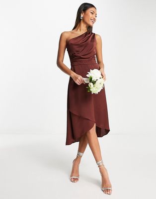 TFNC Bridesmaid one shoulder midi dress in terracotta-Brown