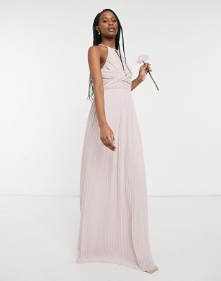 TFNC bridesmaid pleated wrap detail maxi dress in mink-Pink