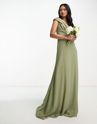 TFNC Bridesmaids bardot fitted maxi dress in dusky sage green