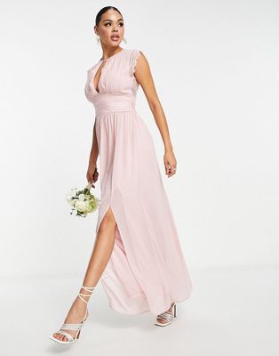 TFNC Bridesmaids chiffon maxi dress with lace detail in mauve-Pink